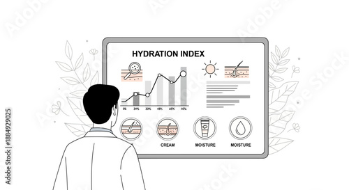 Dermatologist analyzes skin hydration index chart showing product efficacy for healthy glowing complexion