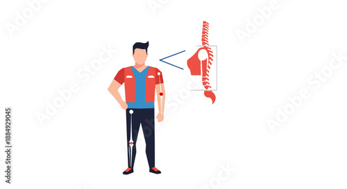 Man with highlighted joints and spine diagram illustrates posture and skeletal alignment concepts for health awareness