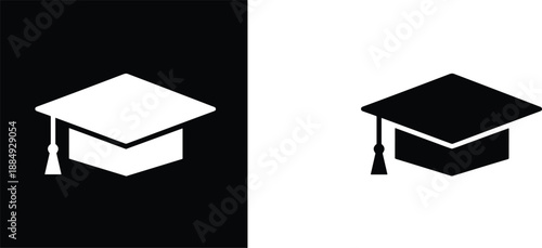 Two graduation cap icons featuring white and black academic mortarboard symbols for university commencement and education achievement celebration.