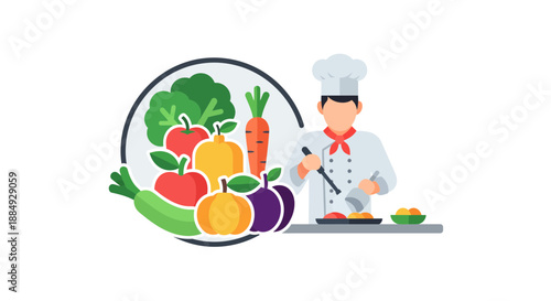 Professional chef expertly preparing vibrant, healthy meal surrounded by fresh produce emphasizing culinary skill and nutrition