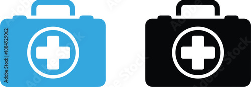 Two medical first aid kit icons featuring blue and black briefcase symbols with cross signs for emergency healthcare representation.