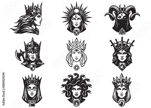 Set of warriors queens in helmets and crowns for dark fantasy concept