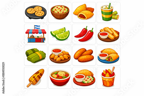 Salvadoran street food icons in warm flat vector style