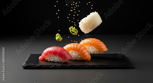 Dynamic Japanese sushi fresh tuna and salmon nigiri on slate, with falling sesame, wasabi, and ginger, embodying gourmet culinary artistry