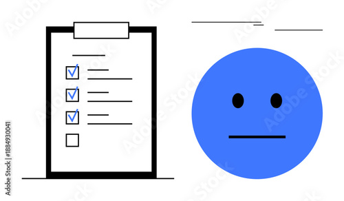 Clipboard with checklist and blue neutral face suggesting evaluation, feedback, or sentiment response. Ideal for productivity, task management, decision-making, feedback, survey, emotion tracking