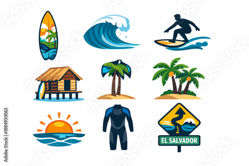 El Salvador surf culture icons in modern flat vector style