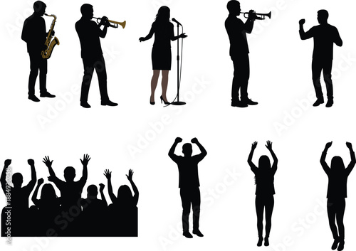 Jazz Music Concert People Silhouette Set Saxophone Trumpet Singer Audience Applause Isolated Black Vector Illustration Collection