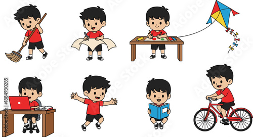 Cartoon boy daily activities set, cleaning studying drawing reading cycling playing learning chores hobbies kids illustration education lifestyle routine collection
