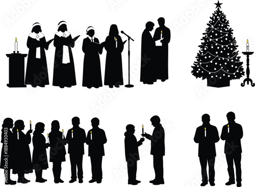 Jewish family tradition silhouettes showing Shabbat dinner wedding shofar blessing celebration religious culture vector illustration set