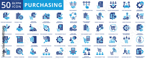 Purchasing icon set flat containing procurement, supplier, selection, order, vendor, management, inventory, agreement, sourcing, evaluation, fulfillment, payment term, requisition, replenishment