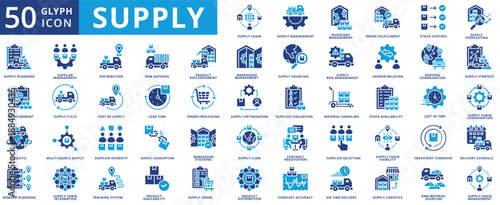 Supply icon set flat containing management, inventory, fulfillment, stock control, forecasting, planning, procurement, logistic, demand, supplier, distribution, supply chain, raw material, product