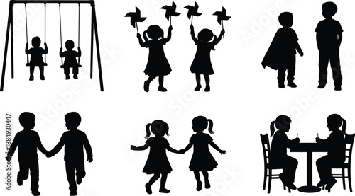 children silhouette activity set, kids playing together, friendship and childhood moments, black shapes, vector illustration isolated