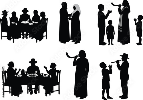 Jewish family tradition silhouettes showing Shabbat dinner wedding shofar blessing celebration religious culture vector illustration set