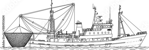 Commercial fishing boat line illustration, trawler vessel with net equipment, maritime industry concept, ocean sea transport outline drawing