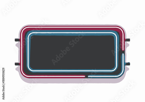 Futuristic neon-lit rectangular frame with layered borders and buttons on a sleek surface viewed from directly above in a modern environment