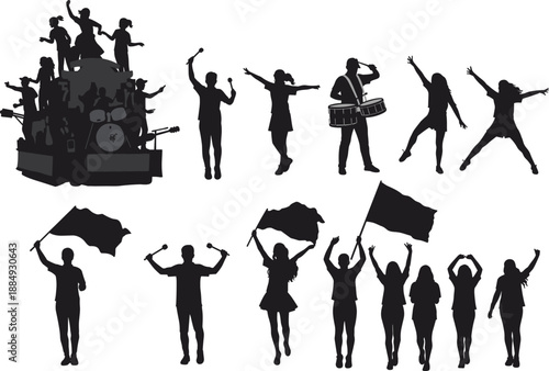 Music festival silhouettes with singers dancers drummers cheering crowd flags celebration concert performance party vector illustration set