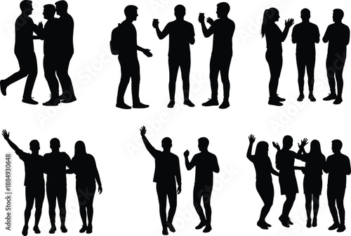 Friends socializing silhouettes showing conversation coffee drinks clapping greeting celebration casual meeting lifestyle people vector illustration set