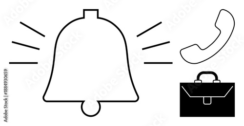 Notification systems, workplace communication, business alerts, reminders, productivity tools, digital notifications. Simple bell, phone handset and briefcase icons. Notification systems