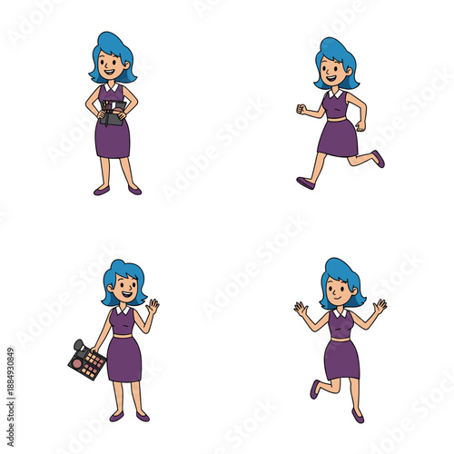 Cartoon woman with blue hair in purple dress poses dynamically
