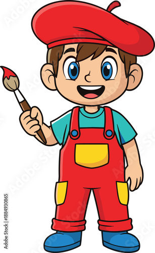Cute boy artist holding paint brush illustration, creative child painter character, kids art education concept, colorful cartoon vector style