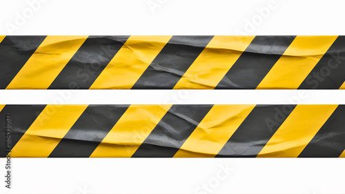 Striking yellow and black hazard warning tape, conveying a clear message of caution and safety on a white background