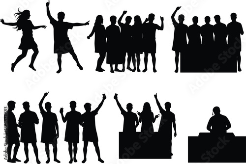 Party people silhouettes dancing cheering celebrating music nightlife crowd friends fun event modern lifestyle vector illustration set