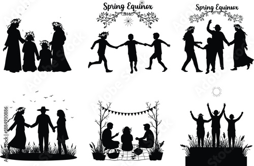Spring equinox celebration silhouettes with families children flowers nature ritual seasonal harmony folk tradition vector illustration set