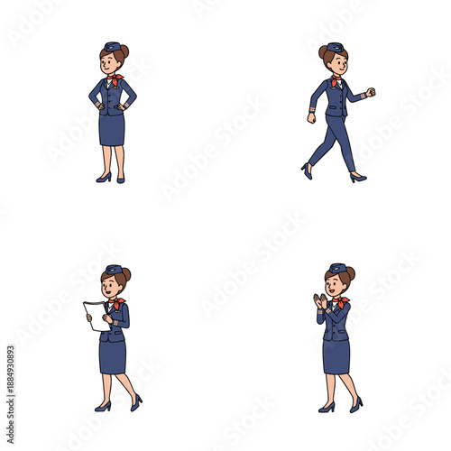 Cartoon flight attendant in various poses and outfits