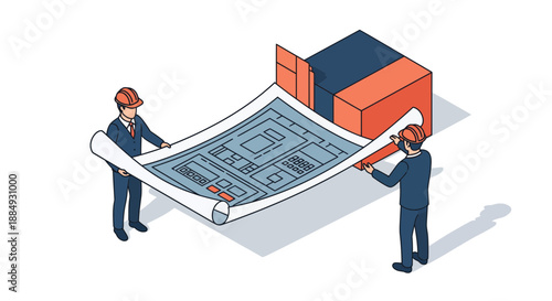 Architects reviewing blueprints for construction project teamwork and collaboration.
