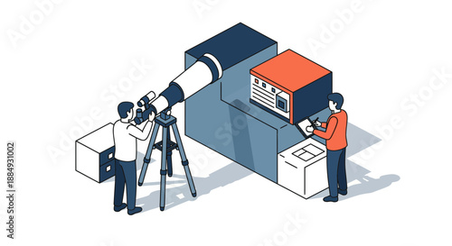 Astronomers observing the cosmos with a powerful telescope and advanced equipment.