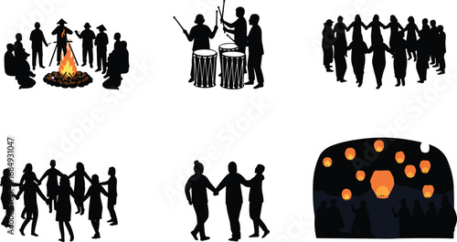 Traditional folk festival silhouettes with bonfire drumming circle dance lantern night celebration community culture vector illustration set