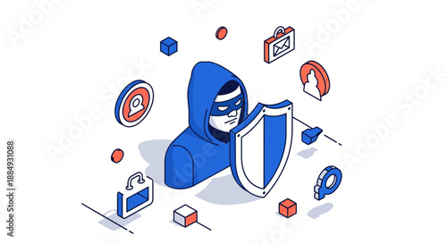 Cybersecurity concept with a masked figure holding a shield for protection.