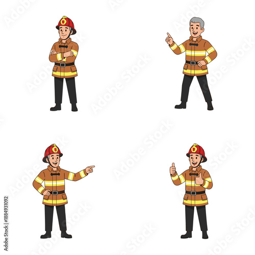 Cartoon firefighters in various poses with safety gear
