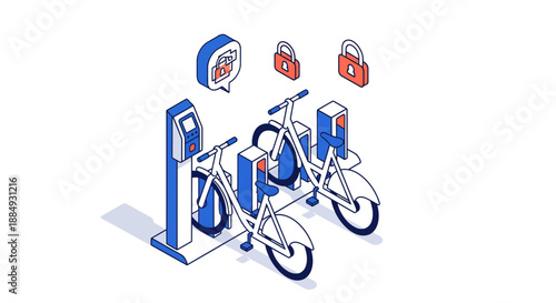 Isometric illustration of a bike sharing station with two bicycles and a charging station.
