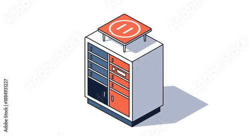 Isometric illustration of a modern locker with a helipad on top perfect for storage.