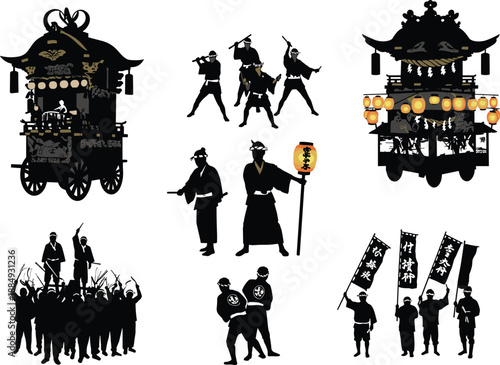 Traditional Japanese festival silhouettes with mikoshi float samurai lantern parade crowd celebration cultural heritage vector illustration set