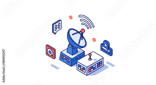 Isometric illustration of a satellite dish and control panel for communication.