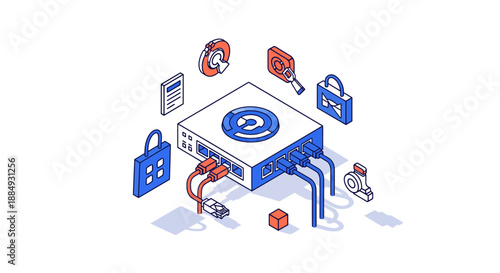 Isometric illustration of a server with security elements and data protection.