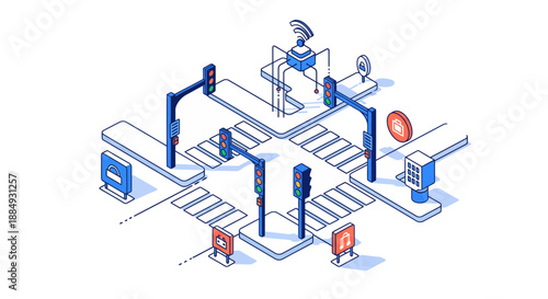 Isometric illustration of a smart city intersection with traffic lights and sensors.