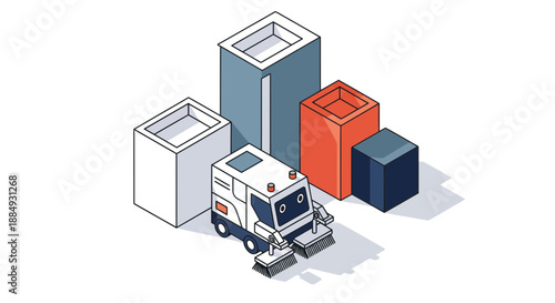 Isometric illustration of a street sweeper and various trash receptacles.