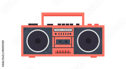 Retro boombox illustration featuring speakers buttons and a cassette tape player perfect for music lovers.