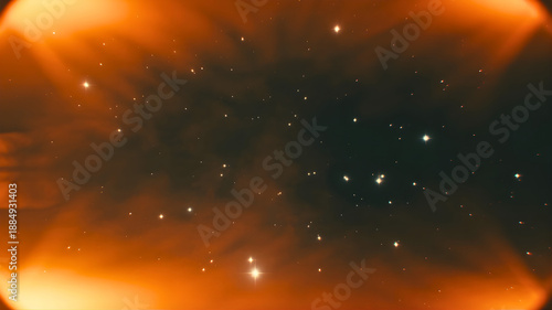 Fiery cosmic dust particles twinkling and glowing in deep dark space with soft bokeh effects in the foreground and background