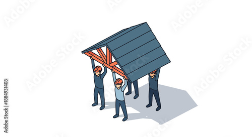 People working together to lift a roof with a flag on it.