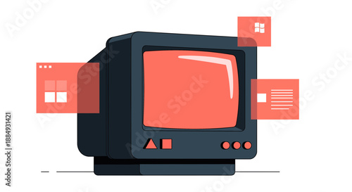 Retro computer monitor with applications and interface elements digital illustration.