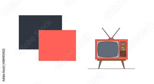 Retro television set with antenna and red square shapes composition.