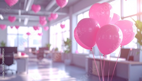 Pink balloons in office interior decorated for Valentine's Day, light blurry abstract background