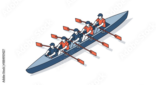 Rowing team in a boat focused on teamwork and competition water sport activity.