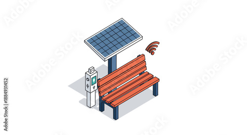 Smart bench with solar panel and charging station for public use.