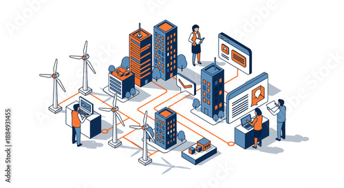 Smart city concept with connected buildings and renewable energy sources.