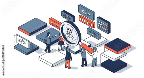 Software developers debugging code with magnifying glass and bug icon.